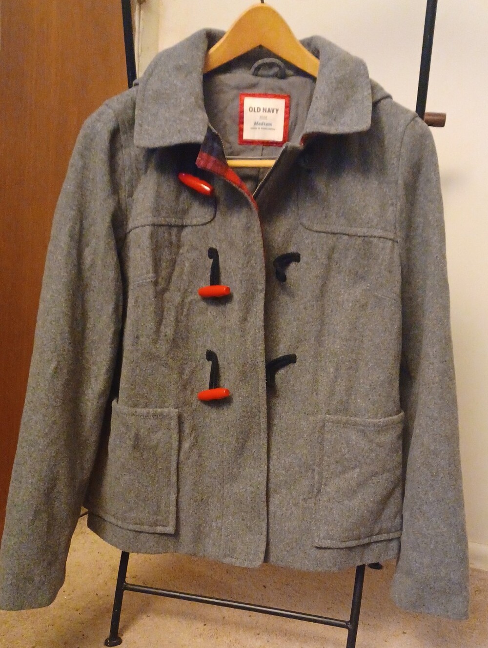 Old Navy Gray Peacoat with Red Toggle Accents